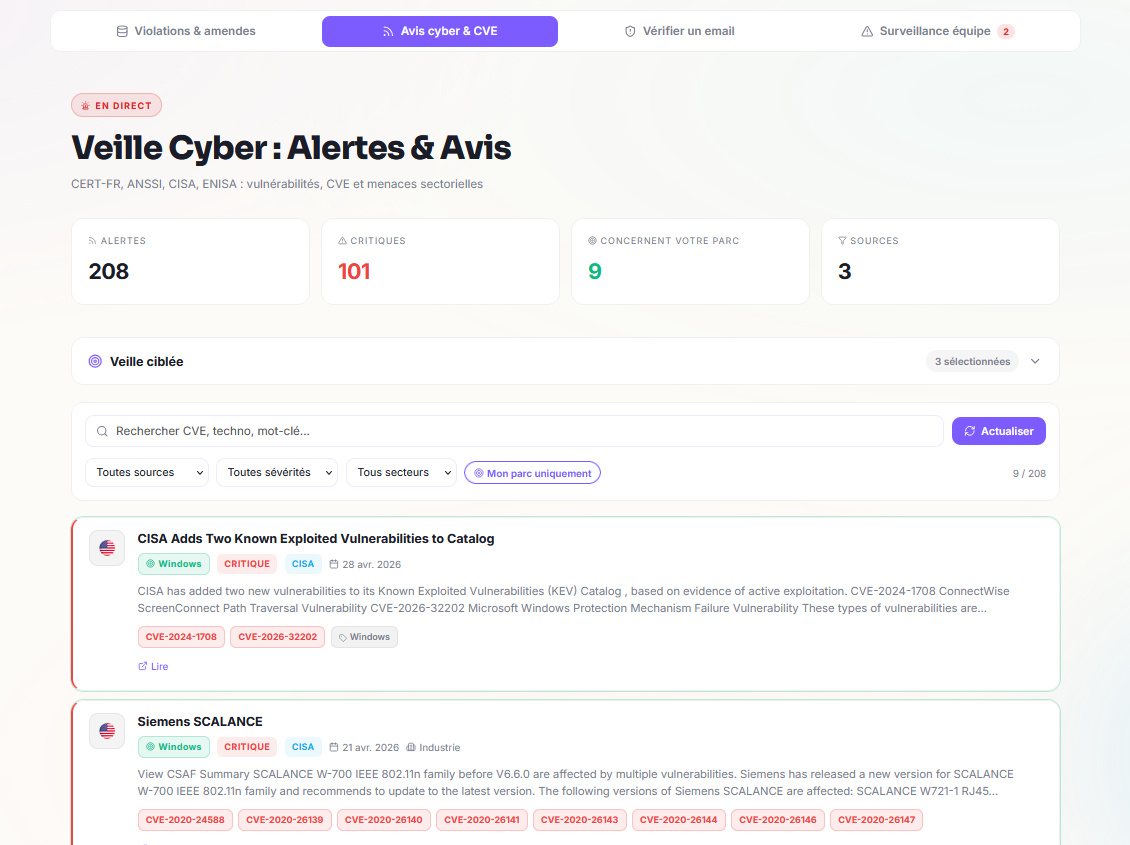 Fil de veille CyberWatch ROOMCA : alertes CERT-FR, ANSSI, CISA, ENISA et CVE, filtrées sur votre parc.